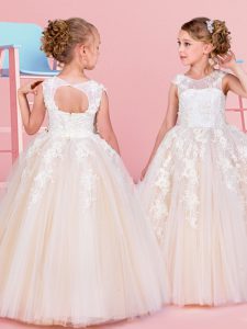 Scoop Sleeveless Tulle Floor Length Lace Up Flower Girl Dresses for Less in Champagne with Beading and Appliques