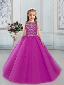 Glorious Sleeveless Tulle Floor Length Lace Up Pageant Dress for Teens in Fuchsia with Beading
