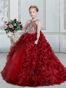 Trendy Wine Red Lace Up Scoop Beading and Ruffles Girls Pageant Dresses Organza Sleeveless