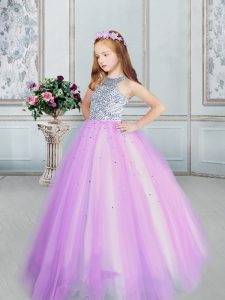Scoop Lilac Sleeveless Floor Length Beading Lace Up Pageant Gowns For Girls