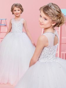Popular Scoop White Lace Up Flower Girl Dress Beading Sleeveless Floor Length
