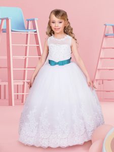 Scoop Beading and Lace and Bowknot Flower Girl Dresses for Less White Lace Up Sleeveless Floor Length