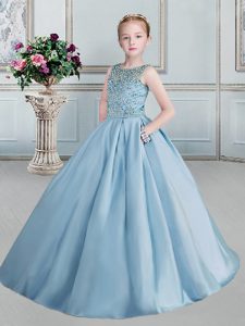 Scoop Floor Length Lace Up Girls Pageant Dresses Aqua Blue for Quinceanera and Wedding Party with Beading