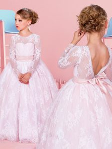 Flare Scoop Long Sleeves Lace Flower Girl Dresses Lace and Bowknot Backless