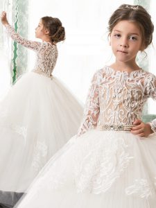 Hot Sale White Scoop Neckline Beading and Lace Little Girl Pageant Gowns Long Sleeves Clasp Handle