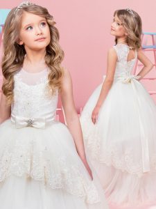 Customized Scoop White Lace Up Flower Girl Dresses for Less Lace and Bowknot Sleeveless Floor Length