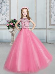 Flirting Tulle Bateau Sleeveless Lace Up Beading Evening Gowns in Rose Pink