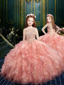 Ideal Baby Pink Ball Gowns Organza Scoop Sleeveless Beading and Ruffles Floor Length Lace Up Pageant Dress