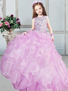 Unique Scoop Sleeveless Organza Kids Pageant Dress Beading and Ruffles Lace Up