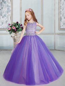 High Quality Scoop Purple Sleeveless Beading Floor Length Pageant Dress for Womens