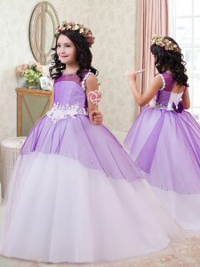 Scoop White and Purple Sleeveless Brush Train Beading and Bowknot and Hand Made Flower Little Girls Pageant Gowns