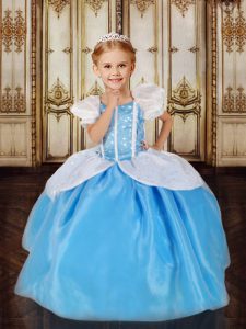 Edgy White and Blue and Blue And White Ball Gowns Tulle Scoop Short Sleeves Sequins Floor Length Zipper Little Girls Pag