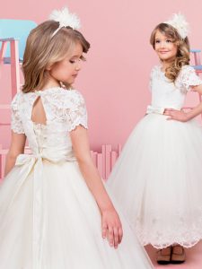 White Tulle Lace Up Scoop Short Sleeves Tea Length Flower Girl Dresses for Less Lace and Bowknot