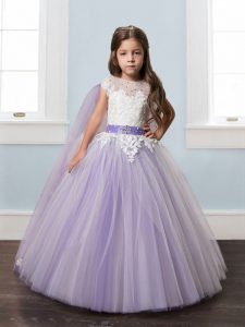 Lavender Zipper Scoop Beading and Lace and Belt Child Pageant Dress Tulle Short Sleeves Watteau Train
