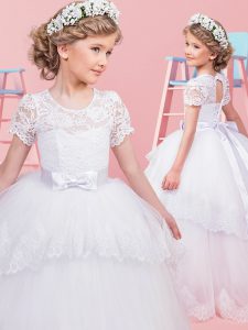 White Flower Girl Dresses Quinceanera and Wedding Party and For with Lace and Bowknot Scoop Short Sleeves Lace Up