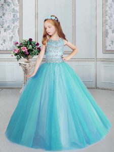 Noble Scoop Aqua Blue Sleeveless Floor Length Beading Lace Up Little Girls Pageant Dress Wholesale