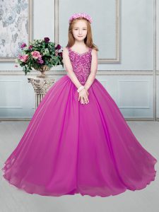 Adorable Straps Fuchsia Lace Up Little Girl Pageant Gowns Beading Sleeveless Floor Length