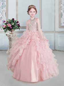 Modest Baby Pink Halter Top Lace Up Beading and Ruffles Child Pageant Dress Sleeveless