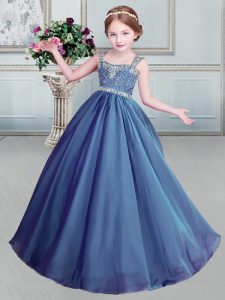 Sophisticated Straps Sleeveless Organza Floor Length Lace Up Kids Pageant Dress in Blue with Beading