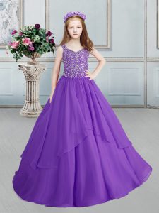 Straps Organza Sleeveless Floor Length Pageant Dress for Womens and Beading