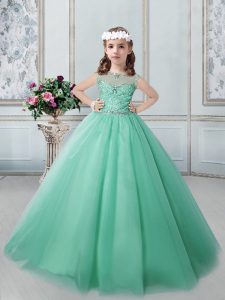 On Sale Tulle Scoop Sleeveless Lace Up Beading Little Girl Pageant Dress in Apple Green