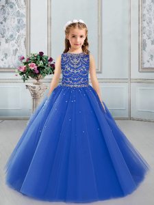Royal Blue Lace Up High School Pageant Dress Beading Sleeveless Floor Length