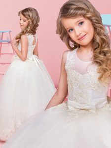 Popular Scoop White Sleeveless Floor Length Lace and Bowknot Lace Up Flower Girl Dresses