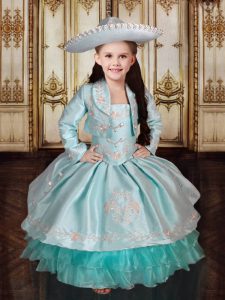 Eye-catching Aqua Blue Spaghetti Straps Neckline Embroidery and Ruffled Layers Girls Pageant Dresses Sleeveless Lace Up