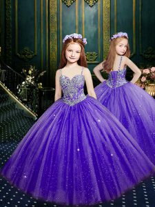 Purple Ball Gowns Beading and Sequins Pageant Dress Womens Lace Up Tulle Sleeveless Floor Length