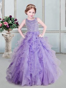Scoop Floor Length Lavender Girls Pageant Dresses Organza and Tulle Sleeveless Beading and Ruffles