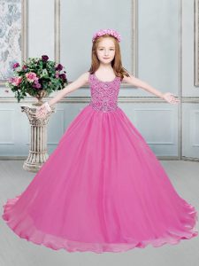 Scoop Hot Pink Sleeveless Floor Length Beading Lace Up Little Girls Pageant Dress Wholesale