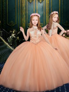 Custom Design Floor Length Orange Pageant Dress for Teens Halter Top Sleeveless Lace Up