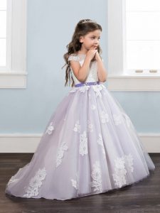 Vintage Scoop Lavender Cap Sleeves Tulle Brush Train Lace Up Custom Made Pageant Dress for Quinceanera and Wedding Party