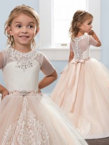 Scoop Short Sleeves Brush Train Zipper Little Girl Pageant Gowns Champagne Tulle
