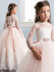 Scoop Baby Pink Tulle Zipper Pageant Gowns For Girls 3 4 Length Sleeve Floor Length Lace and Bowknot