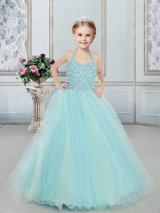 New Arrival Halter Top Sleeveless Floor Length Beading Lace Up Kids Formal Wear with Light Blue