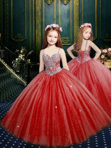 Fashion Sleeveless Floor Length Beading and Sequins Lace Up Pageant Gowns For Girls with Wine Red