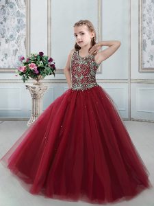 Scoop Sleeveless Lace Up Floor Length Beading Child Pageant Dress