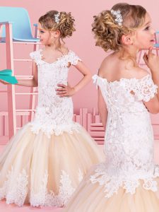 Excellent Mermaid Off The Shoulder Short Sleeves Brush Train Lace Up Flower Girl Dress White and Champagne Tulle