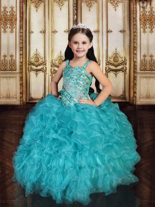 Teal Ball Gowns Tulle Straps Sleeveless Beading and Ruffles and Sequins Floor Length Lace Up Girls Pageant Dresses