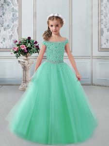 Turquoise Tulle Lace Up Off The Shoulder Cap Sleeves Floor Length Girls Pageant Dresses Beading