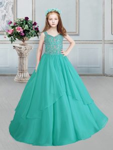 On Sale Straps Turquoise Ball Gowns Beading Little Girl Pageant Dress Lace Up Organza Sleeveless Floor Length