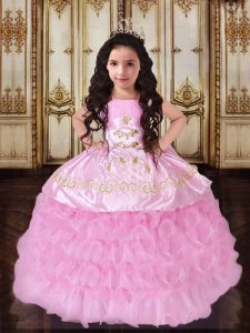Classical Straps Sleeveless Organza and Taffeta Floor Length Lace Up Child Pageant Dress in Rose Pink with Ruffled Layer