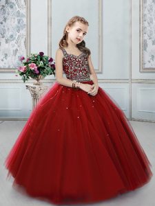 Straps Sleeveless Floor Length Beading Lace Up Pageant Dress for Girls with Wine Red