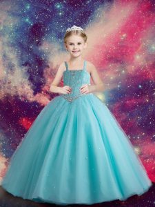 Extravagant Straps Sleeveless Pageant Gowns For Girls Floor Length Beading Aqua Blue and Turquoise Tulle