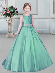 With Train Apple Green Pageant Dress for Girls Scoop Sleeveless Brush Train Lace Up
