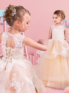 New Arrival Champagne Ball Gowns Scoop Sleeveless Tulle Floor Length Lace Up Lace and Ruffles Flower Girl Dress