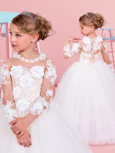 Custom Design White Ball Gowns Tulle Scoop Long Sleeves Lace and Appliques Floor Length Clasp Handle Toddler Flower Girl