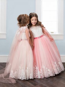 Scoop Sleeveless Beading and Lace and Belt Lace Up Pageant Gowns For Girls with Watermelon Red and Baby Pink Watteau Tra
