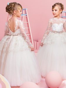 White Ball Gowns Scoop Long Sleeves Tulle Floor Length Backless Lace and Bowknot Flower Girl Dresses